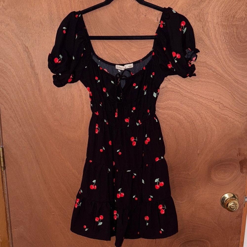 Liberty Black Dress with Cherry Pattern